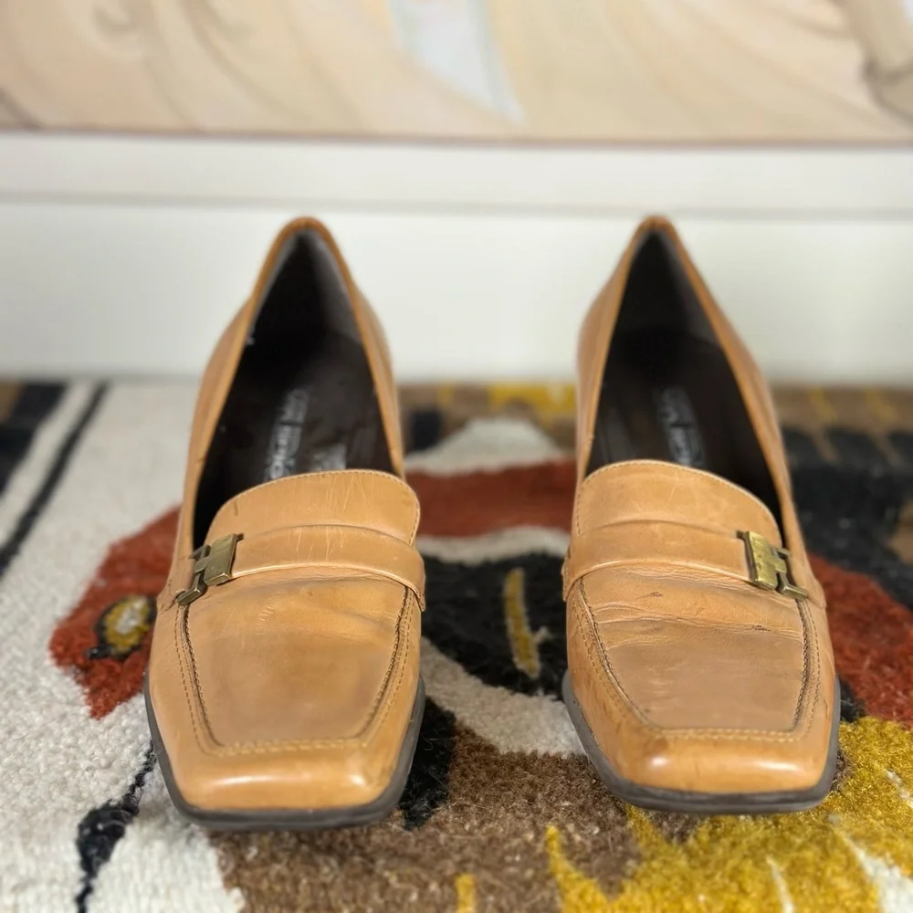 Made in Italy Via Spiga Studio Tan Leather Square Toe Block Heel Shoes 7.5 M - Picture 7 of 8